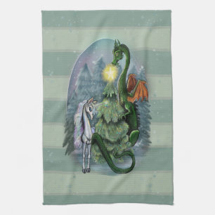 Enchanted Christmas Tree Dragon and Unicorn Tea Towel