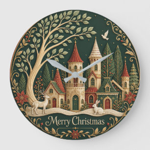 Enchanted Christmas Village in the Evergreen Wood Large Clock