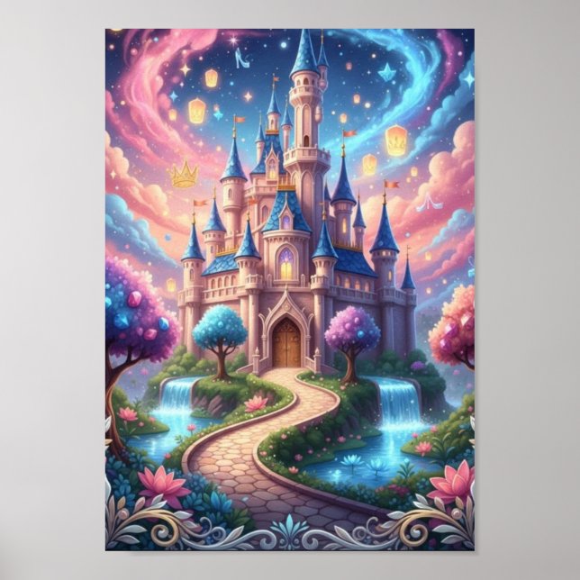 Enchanted Cosmic Castle Floating Lanterns Fantasy  Poster (Front)