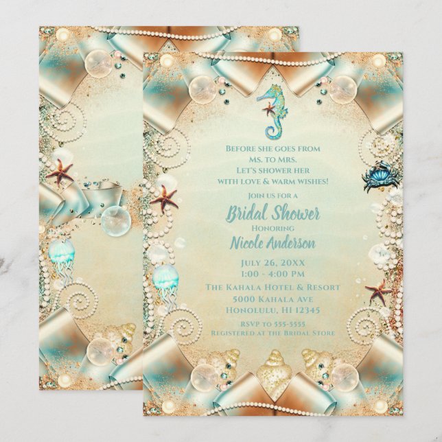 Enchanted Cream Under Sea Pearls Ribbon Bridal  Invitation (Front/Back)