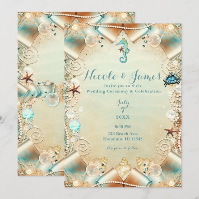 Enchanted Cream Under Sea Pearls Ribbon Wedding Invitation (Front/Back)
