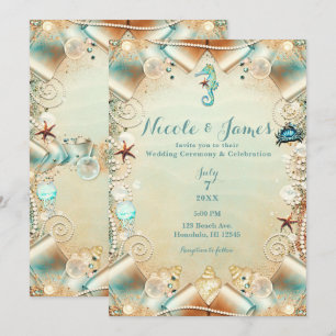 Enchanted Cream Under Sea Pearls Ribbon Wedding Invitation
