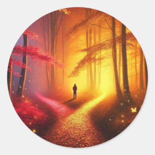 Enchanted Crossroads – Vibrant Autumn Forest Art P Classic Round Sticker