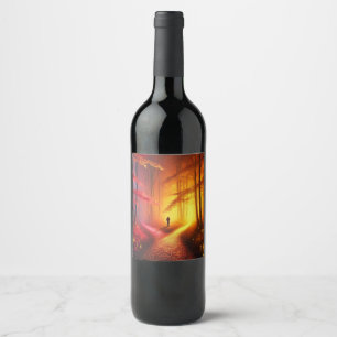 Enchanted Crossroads – Vibrant Autumn Forest Art P Wine Label