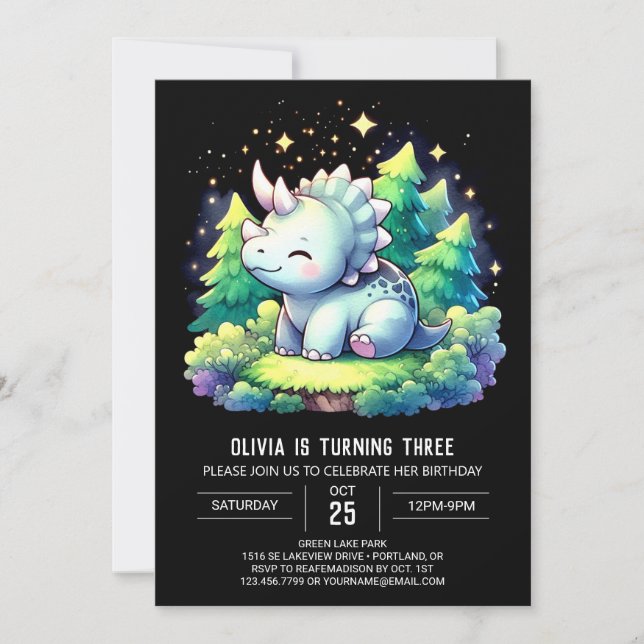 Enchanted Custom Triceratops Birthday Invitation (Front)