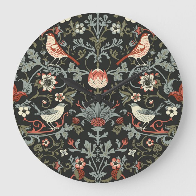 Enchanted Dark Vintage Floral Birds Large Clock (Front)