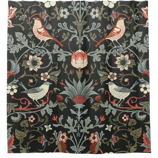 Enchanted Dark Vintage Floral Birds Shower Curtain (Front)