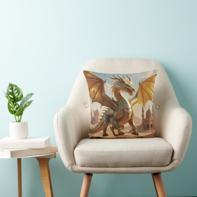 Enchanted Desert Dragon – Fantasy Throw Pillow (Chair)