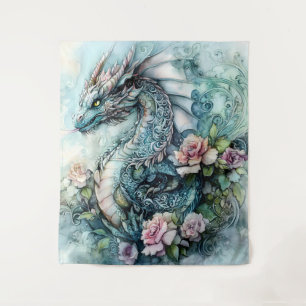 Enchanted Dragon Among Roses Tapestry