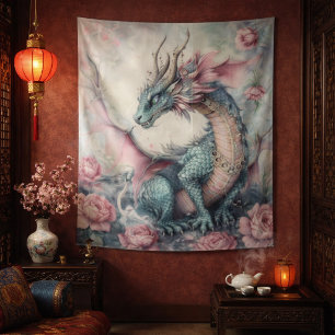Enchanted Dragon With Roses Tapestry