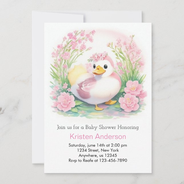 Enchanted Duck Pink Watercolor Girl Baby Shower Invitation (Front)