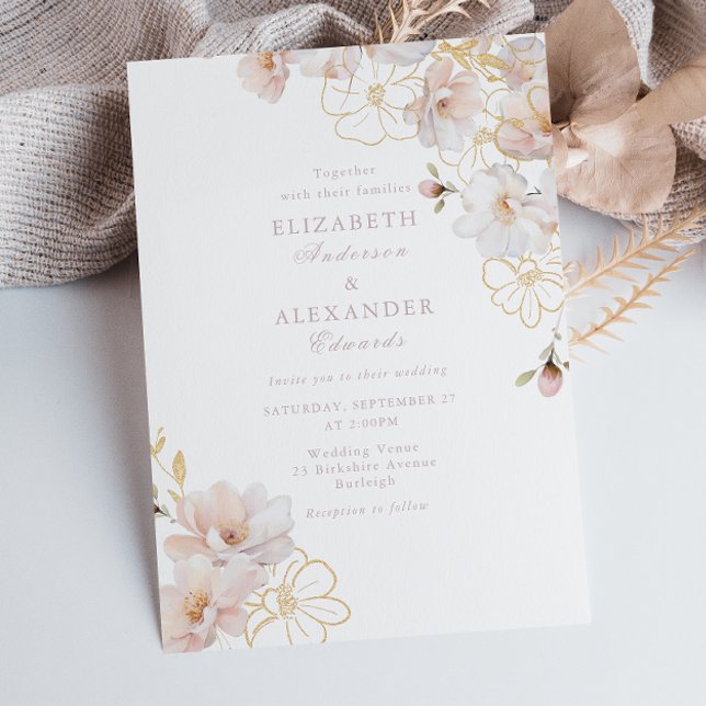 Enchanted Elegance Blush & Gold Wildflower Wedding Invitation (Creator Uploaded)