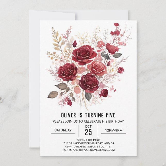 Enchanted Elegant Burgundy Floral Birthday Invitation (Front)