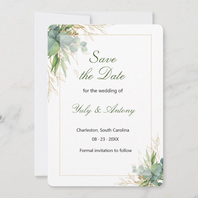 Enchanted Emerald Leaves Gold Botanical Wedding Save The Date (Front)