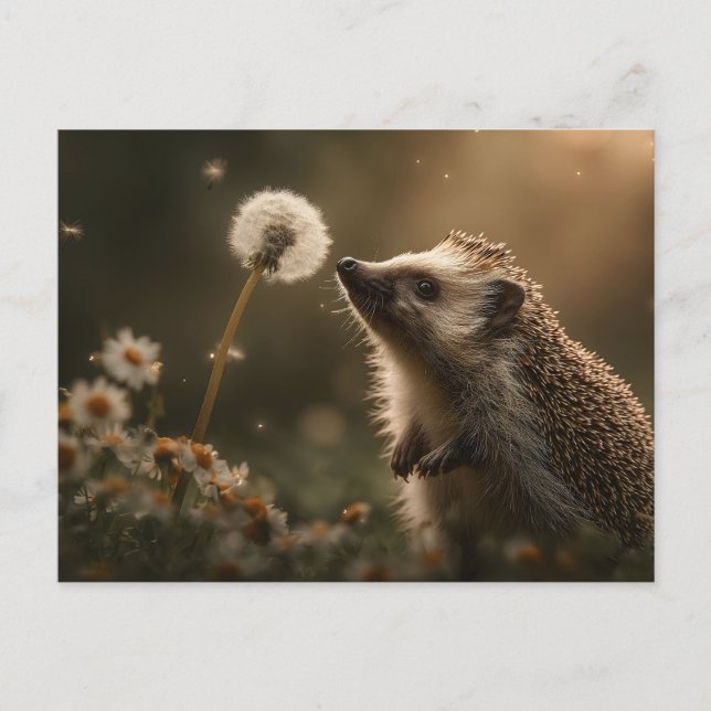 "Enchanted Encounter" Hedgehog and Dandelion Postcard (Front)