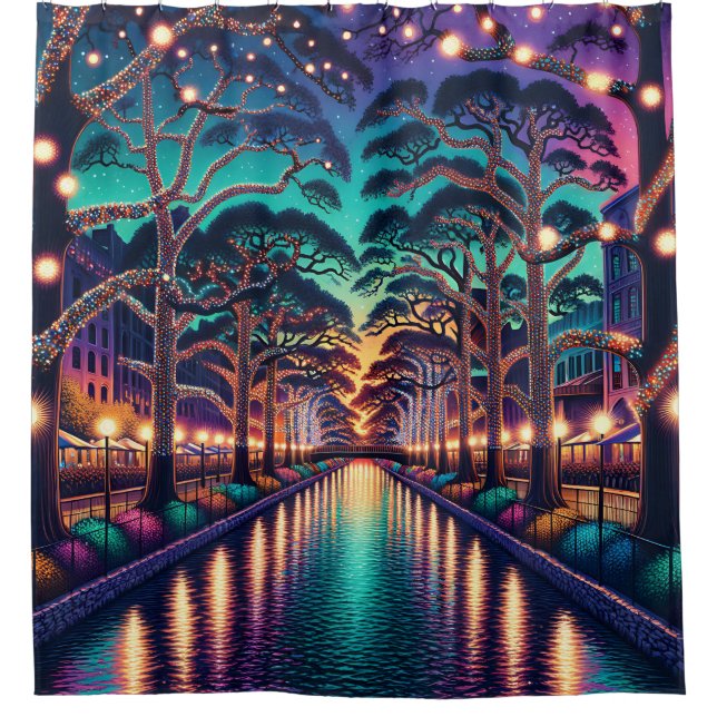 "Enchanted Evening Stroll: San Antonio Riverwalk" Shower Curtain (Front)