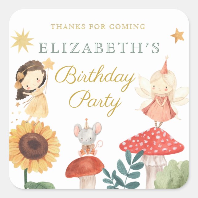 Enchanted Fairy Birthday Mushroom Square Sticker (Front)