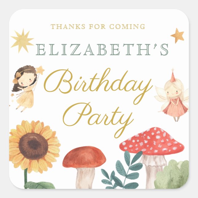 Enchanted Fairy Birthday Mushroom Square Sticker (Front)