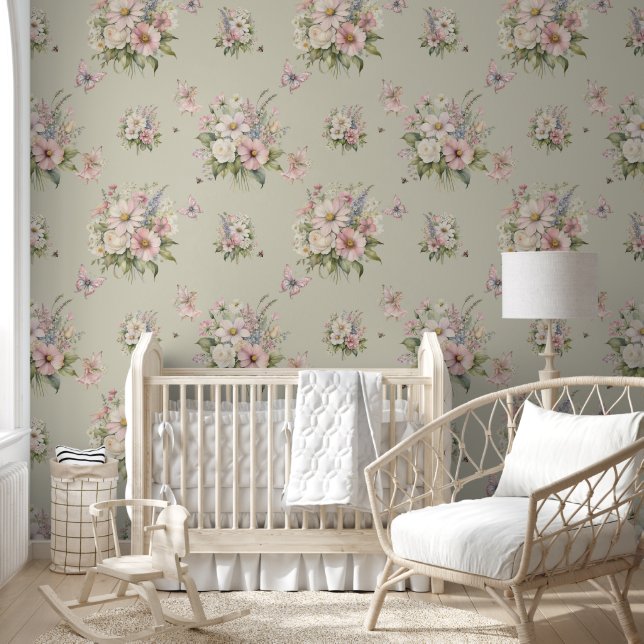 Enchanted Fairy Floral Flower Bee Bouquet Pink Wallpaper (Kids)