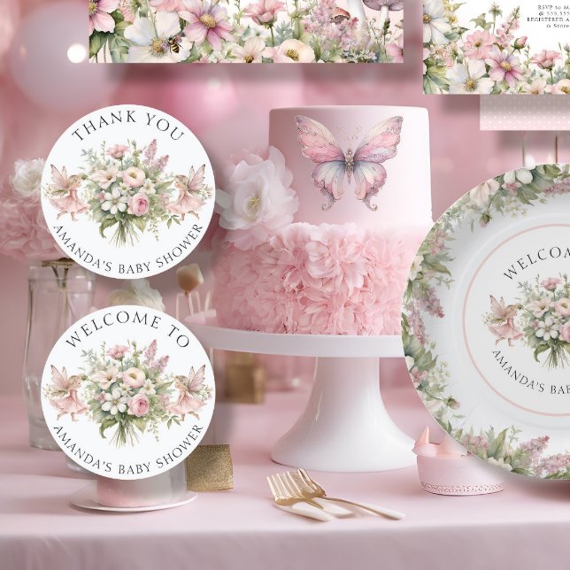 Enchanted Fairy Floral Welcome Baby Girl Shower Classic Round Sticker (Creator Uploaded)