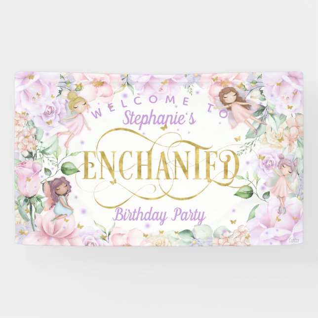 Enchanted fairy flower garden birthday backdrop banner (Horizontal)