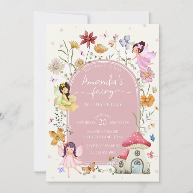 Enchanted Fairy Garden Floral Girly 1st Birthday Invitation (Front)