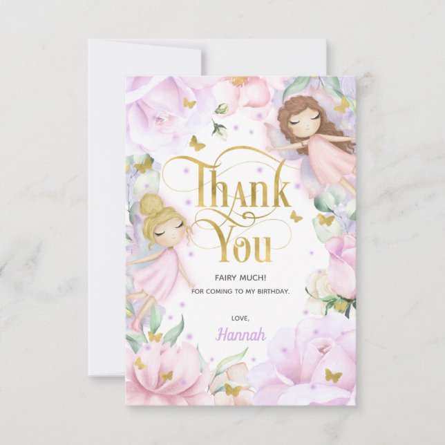 Enchanted Fairy, Garden flowers birthday Thank You Card (Front)