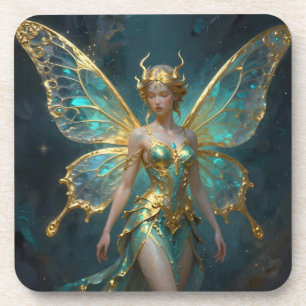 Enchanted Fairy in Gold and Turquoise Coaster