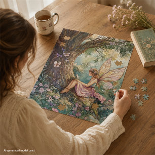 Enchanted Fairy in Pink Surrounded By Flowers Jigsaw Puzzle
