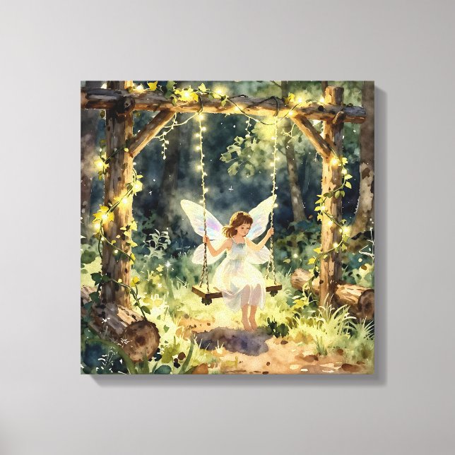 Enchanted Fairy on a Swing in a Magical Forest Canvas Print (Front)