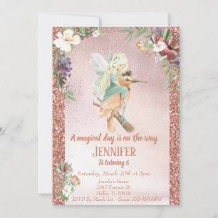 Enchanted Fairy on Bird Rose Gold Beautiful Invitation