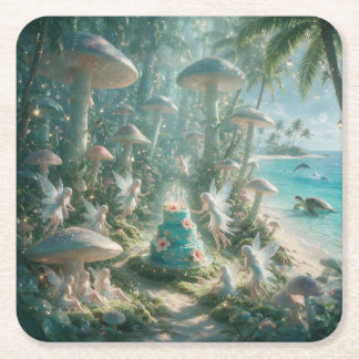 Enchanted Fairy Plate with Dolphins and Turtles Square Paper Coaster