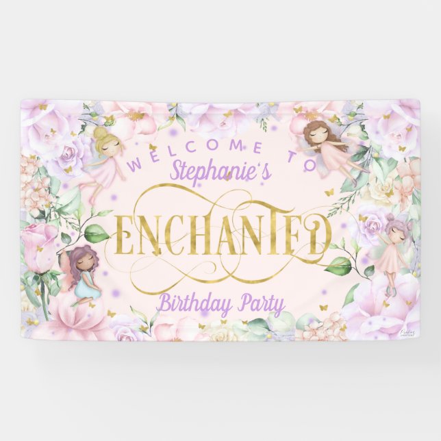 Enchanted fairy purple pink flowers party backdrop banner (Horizontal)