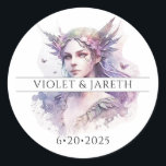 Enchanted Fairy Wedding Classic Round Sticker<br><div class="desc">Enchanted wedding stickers for your guests or as envelope seals. Elegant type and ethereal pretty watercolor fairy in pastel violet.</div>