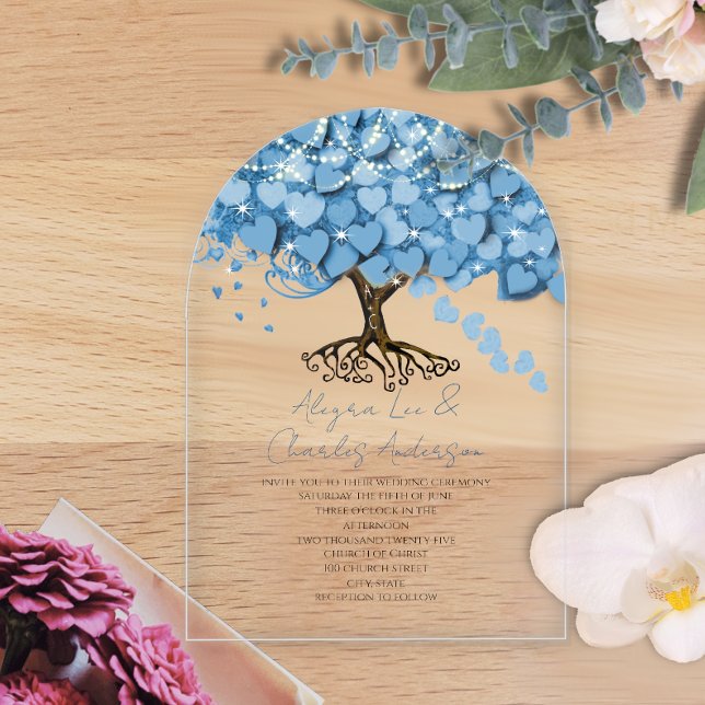 Enchanted Fairytale Blue Heart Leaf Tree Wedding Acrylic Invitations (Creator Uploaded)