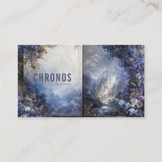 Enchanted Fairytale Castle Purple Floral Gold Mist Business Card (Front)