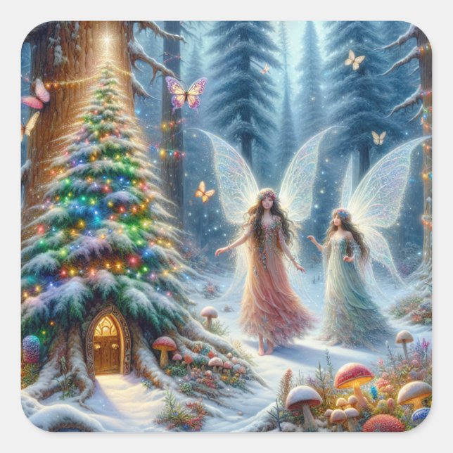 Enchanted Fairytale Forest Personalised Christmas Square Sticker (Front)