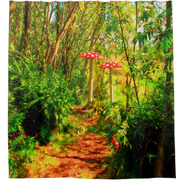 Enchanted fairytale forest with mushrooms shower curtain (Front)