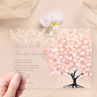Enchanted Fairytale Pink Heart Leaf Tree Wedding Acrylic Invitations