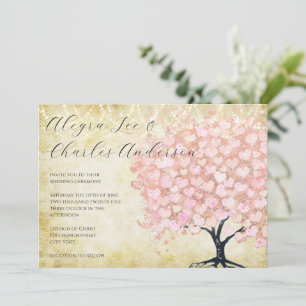 Enchanted Fairytale Pink Heart Leaf Tree Wedding Invitation