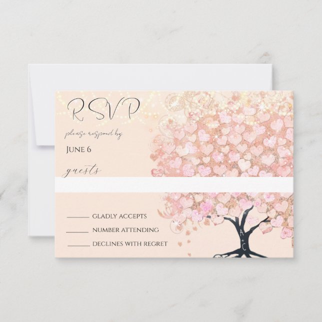 Enchanted Fairytale Pink Heart Leaf Tree Wedding RSVP Card (Front)