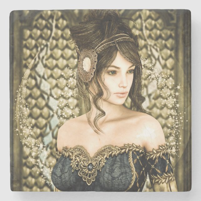 Enchanted Fairytale Princess Portrait Stone Coaster (Front)