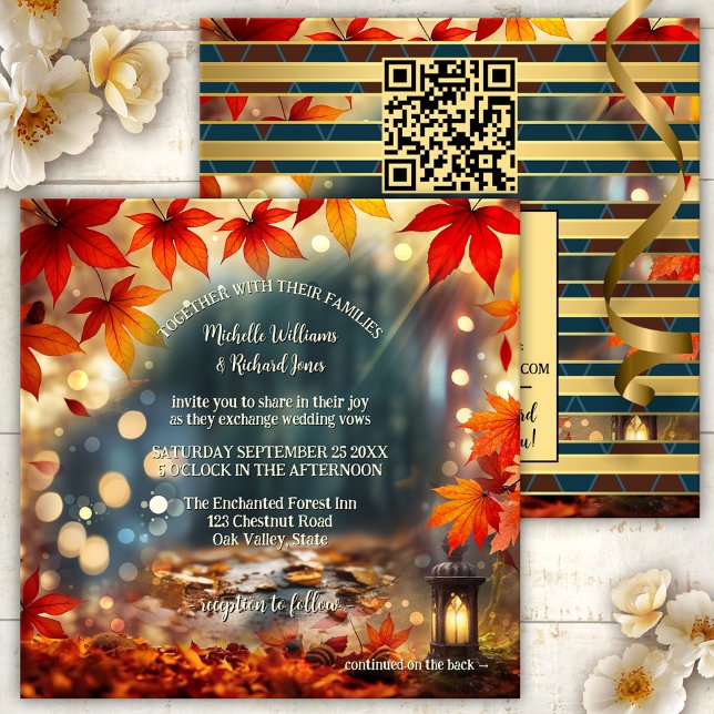 Enchanted Fall Forest All-in-One Wedding Invitation (Unique all-in-one fall wedding invitation with an enchanted forest theme with fairy lights - QR code)