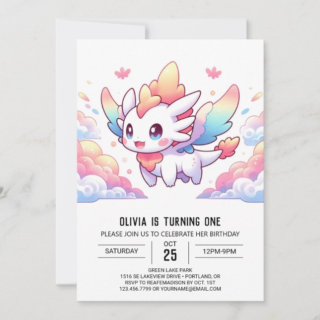 Enchanted Fantasy Dragon 1st Birthday Invitation (Front)