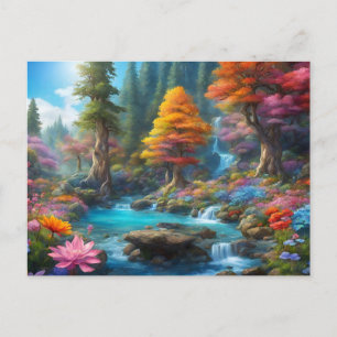 Enchanted Fantasy Forest, Waterfall, Flowers  Postcard
