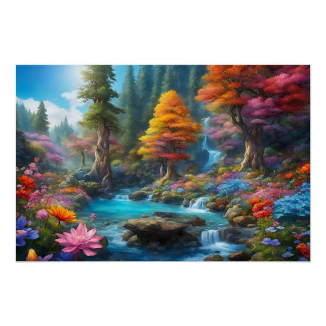 Enchanted Fantasy Forest, Waterfall, Flowers  Poster (Front)