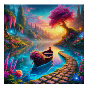 Enchanted Floral Boat on Serene Waters Fantasy  Poster