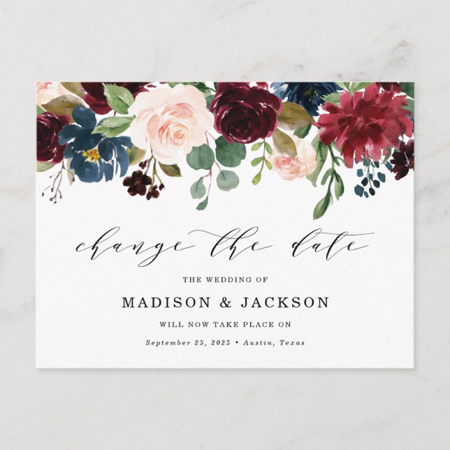 Enchanted Floral Change The Date Wedding Announcement Postcard (Front)