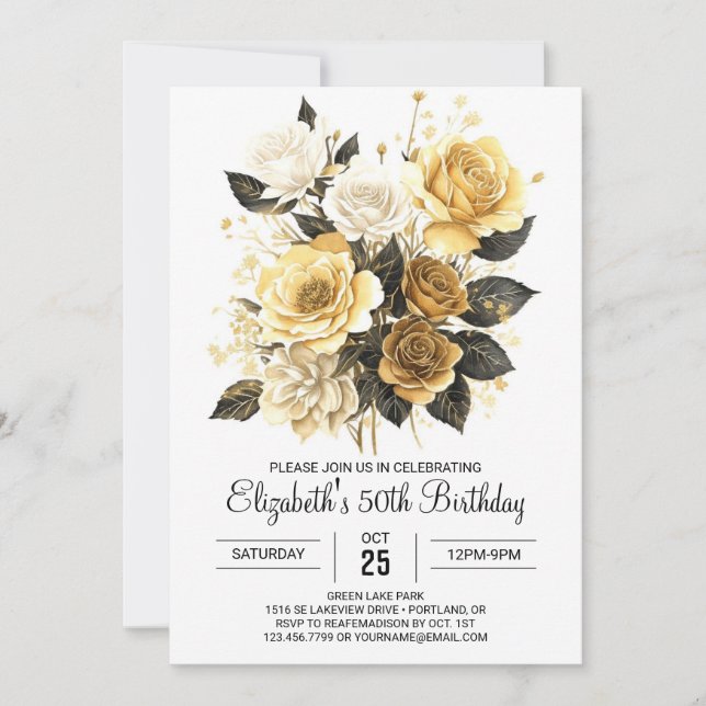 Enchanted Floral Gold and Black 50th Birthday Invitation (Front)