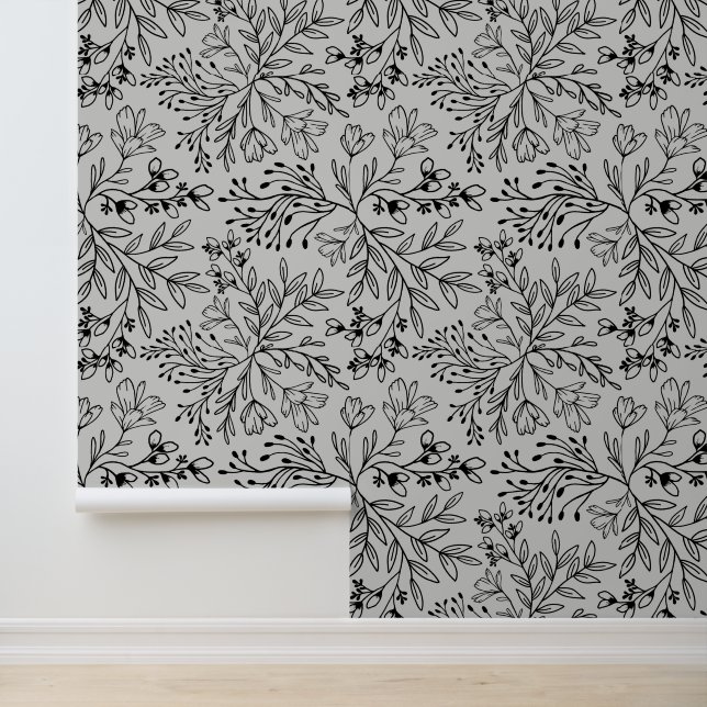 Enchanted Floral Meadow Dreams L2 Grey Black Flora Wallpaper (Application)